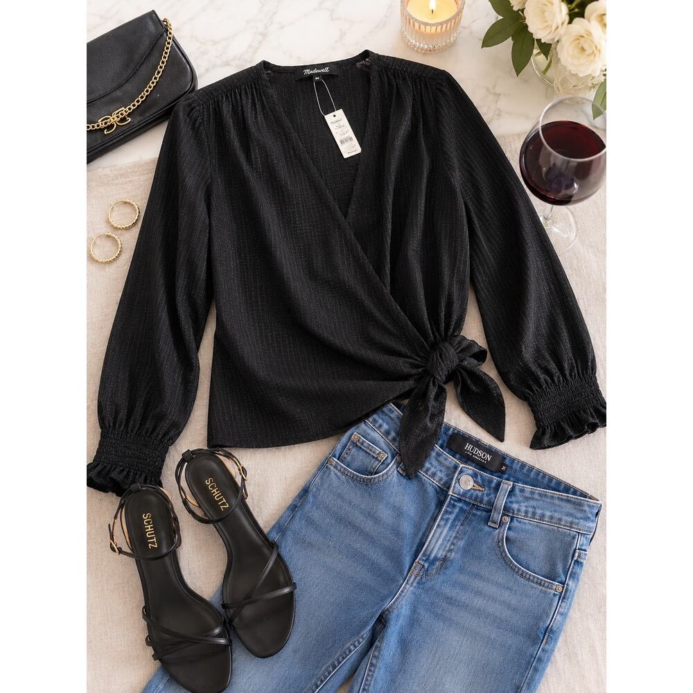Madewell NWT Black Wrap Top XXS  Date Night Tie Waist Textured Going Out